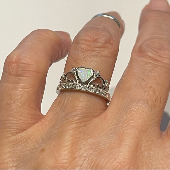 Sterling Silver White Lab Opal Heart with CZ Crown Ring, Silver Hearts Jewelry - Picture 8 of 12